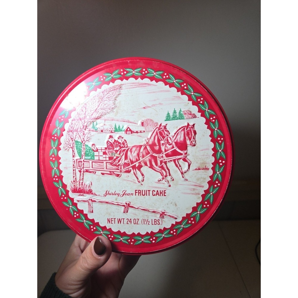 Vintage Shirley Jean Fruit Cake Tin ~ Christmas Holiday Sleigh ~ Empty